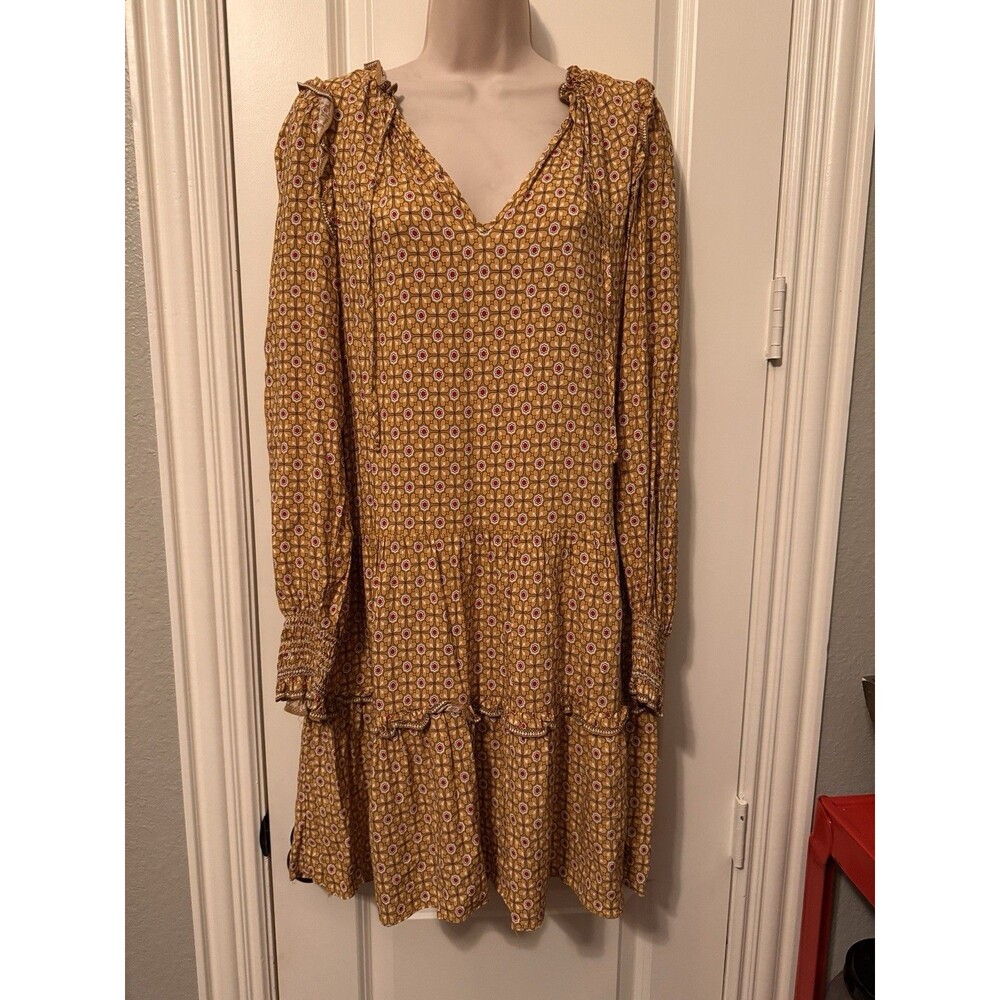 Max Studio Mustard and Red Floral Long Sleeve Tiered Peasant Boho Dress Size L